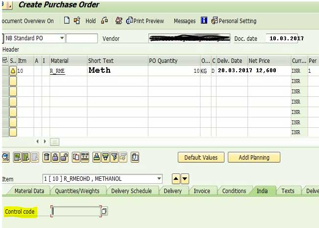 control code value not auto populated for gst in auto purchase order