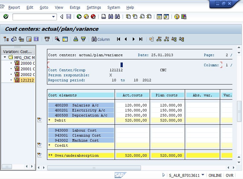 Cost center CTR RLIF/121212, cost element 400200 Tracing factor for