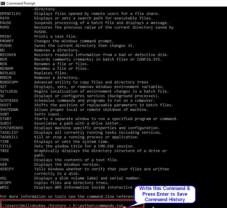 How can I see the Windows command line history in the cmd.exe?